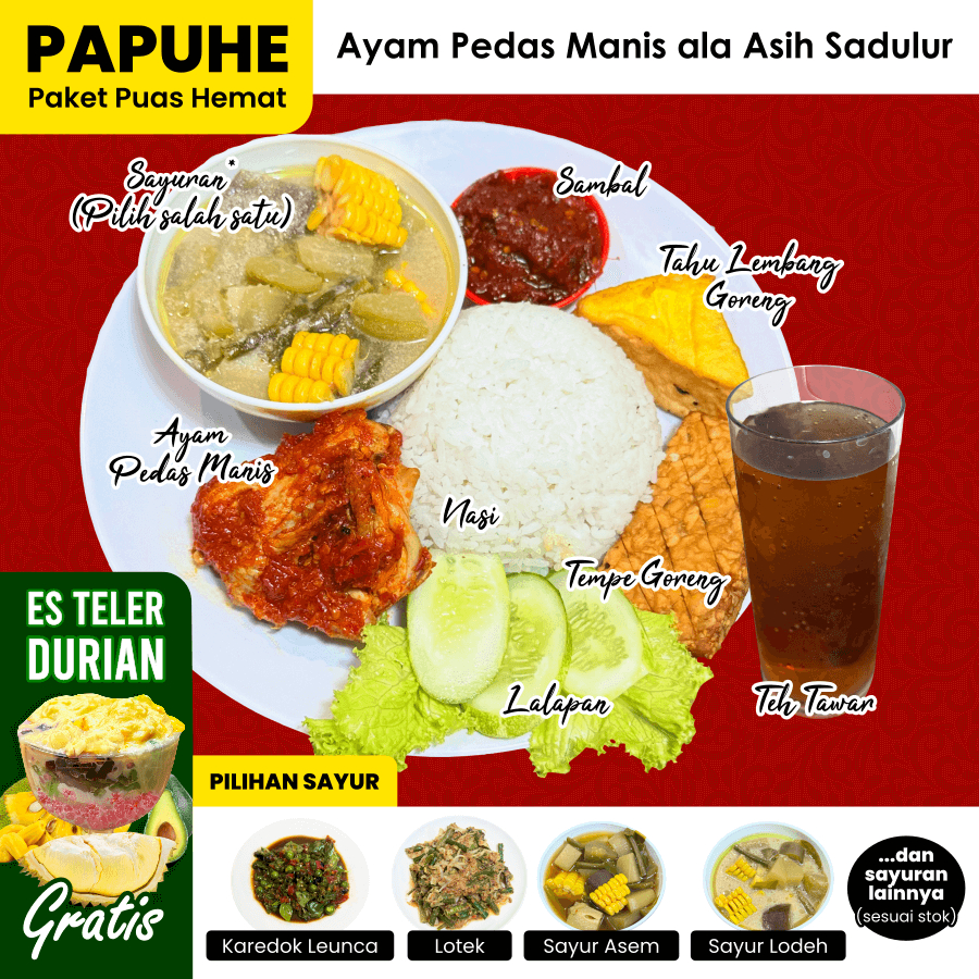 

PAPUHE Ayam Pedas Manis Paket Puas Hemat Nasi Ayam Tahu Tempe Sayur Sambal Lalapan Teh | Paket Nasi Asih Sadulur