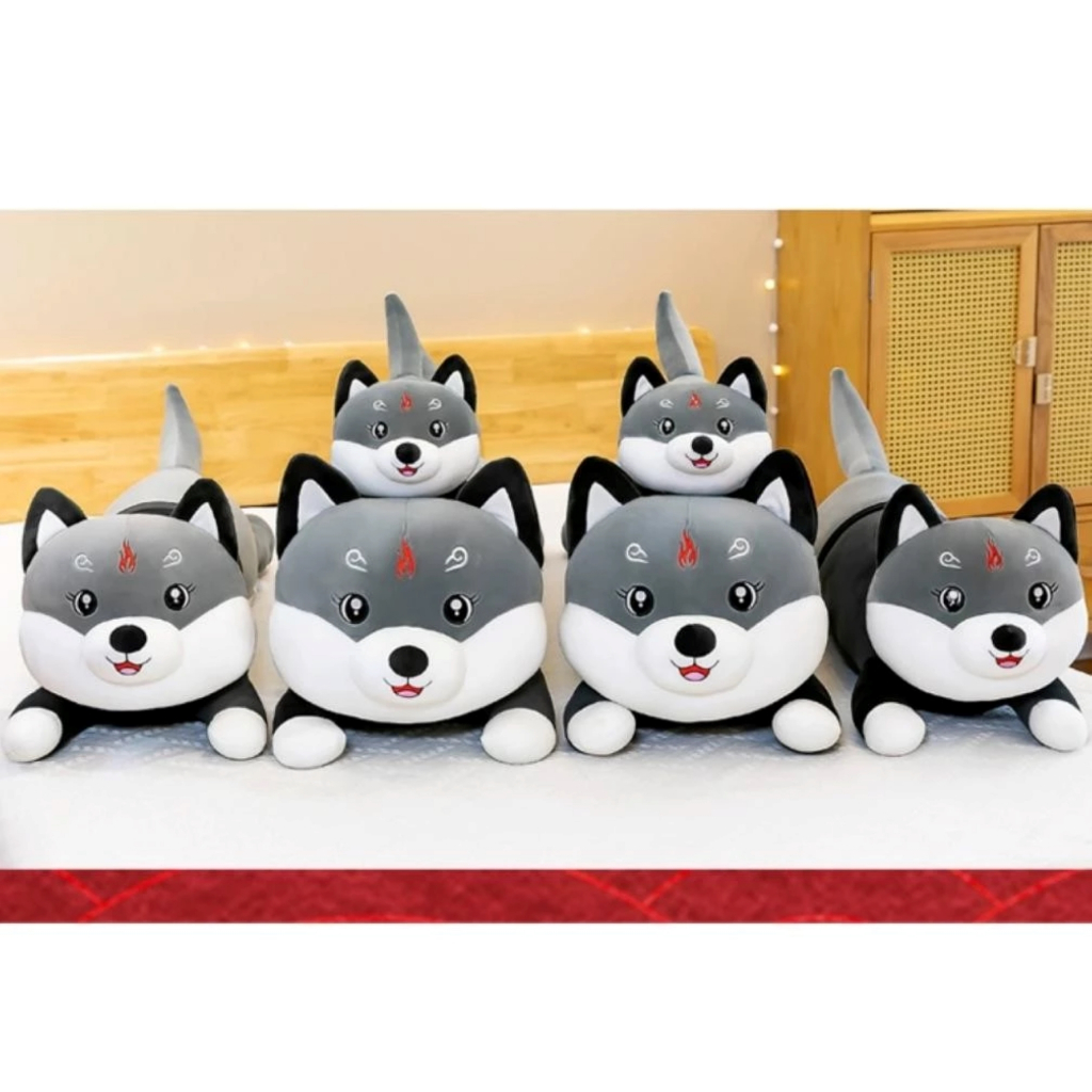 MomiToys - Boneka Guling Lying Karakter Anjing Husky / Kucing 50cm | Super Lembut & Lucu | Kado Anak