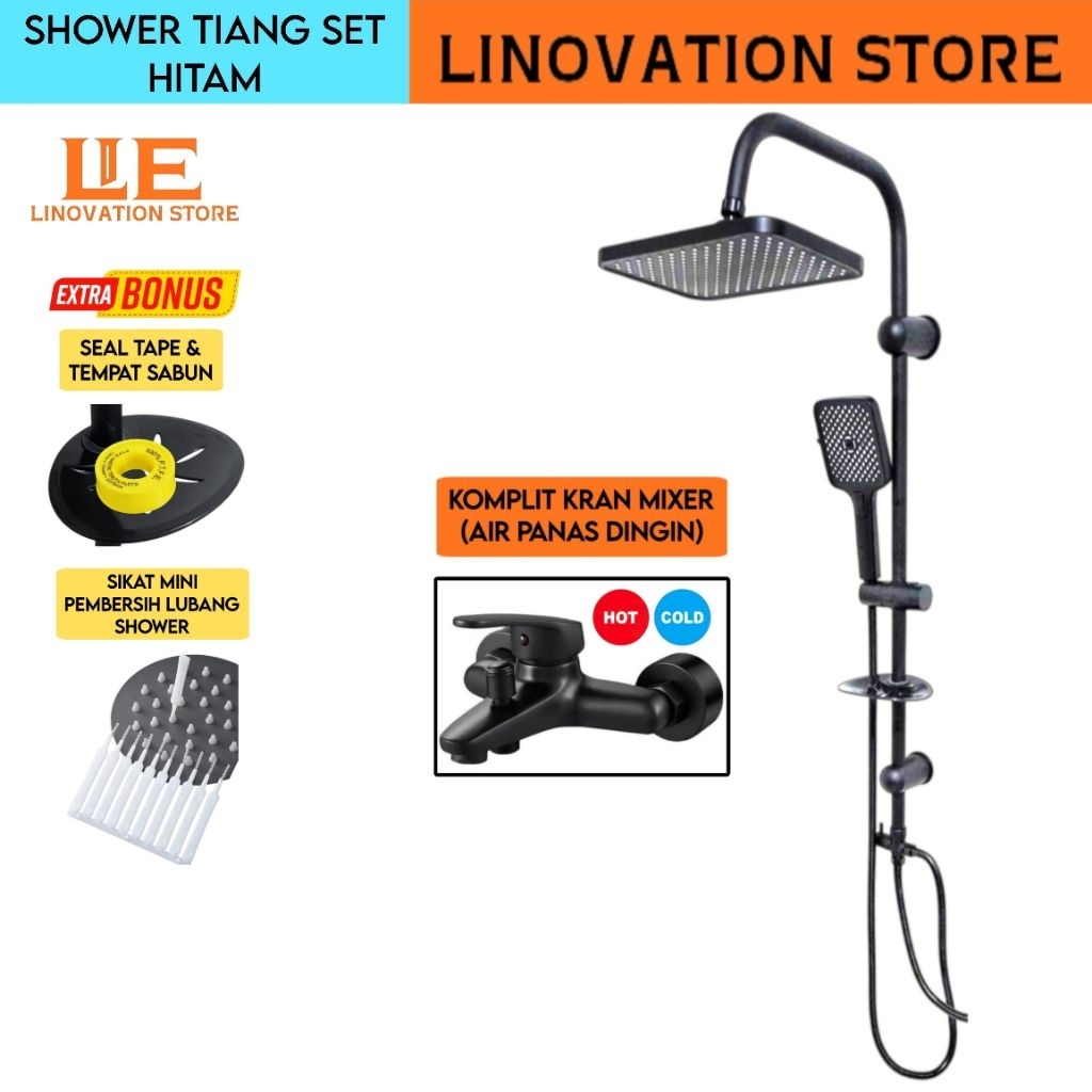 Shower Tiang Column Set Kran Air Panas Dingin Kuningan Black Keran Mixer Cabang Double Tembok Handsh