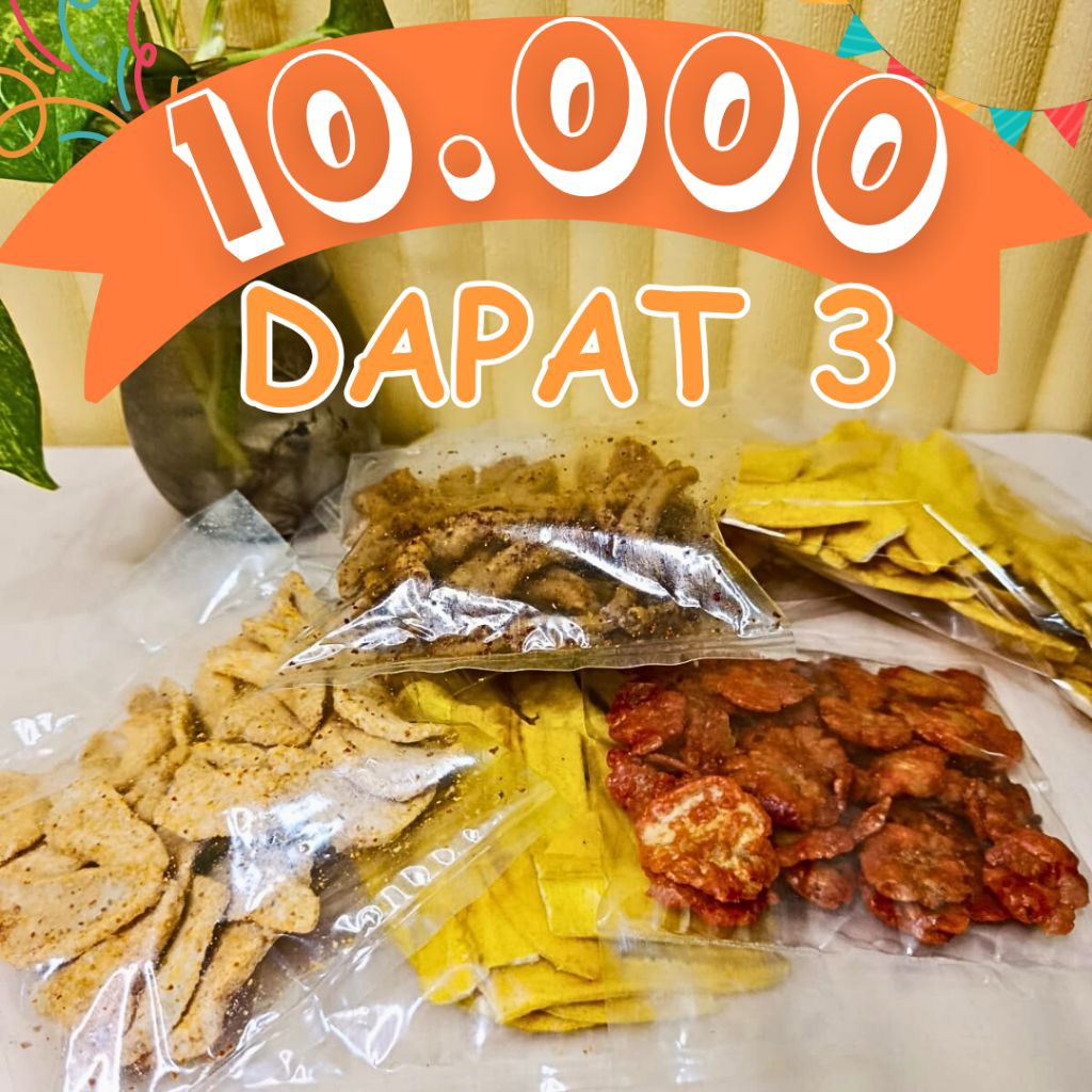 

10.000 DAPAT 3 Aneka snack, Kripik Usus, Emping Balado, Kripik Pisang, Basreng Balado 150gr