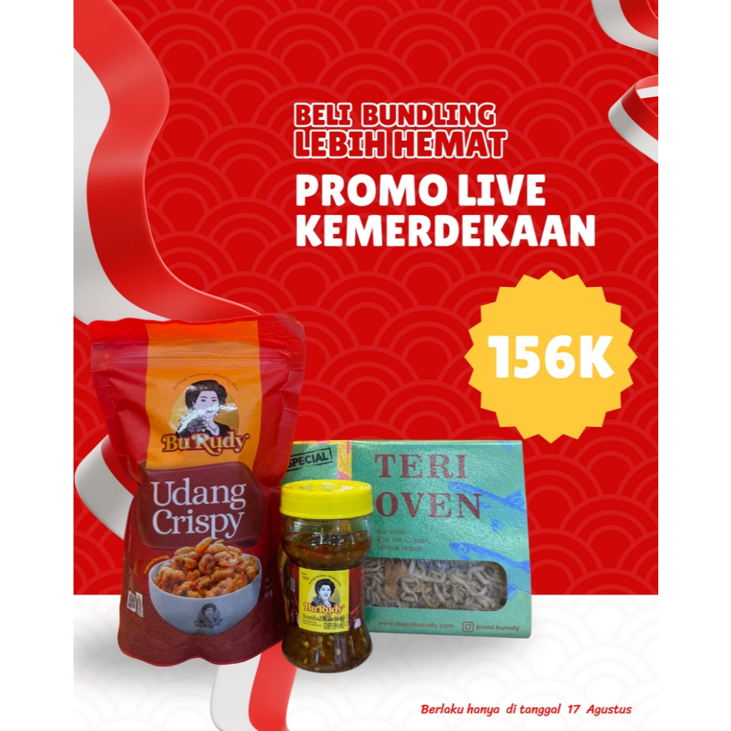 

[LIVE MERDEKA] Paket Bambu Runcing BB II Sambal Bawang Botol, Udang Crispy Pouch, Teri Oven Khas Bu Rudy