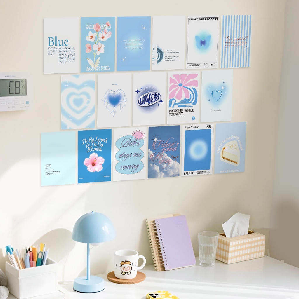 18 pcs Wall decor pastel korean aesthetic blue biru, hiasan dinding kamar poster coquette a5 a6
