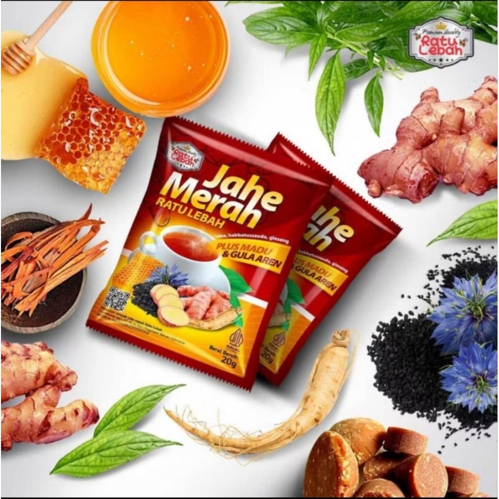 

JAHE MERAH Plus Ratu Lebah isi paket 10 saset @20 gr • Plus Madu Jahe Habbatussauda Ginseng Gula Aren Terbaik