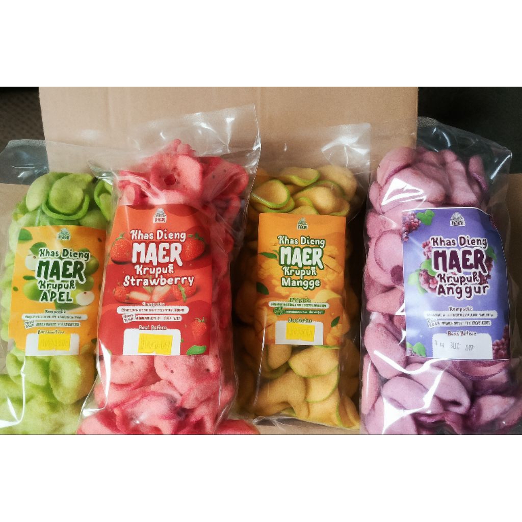 

keripik buah 200gram - kerupuk buah 100gram - naga - carica - anggur - apel - mangga - strawberry