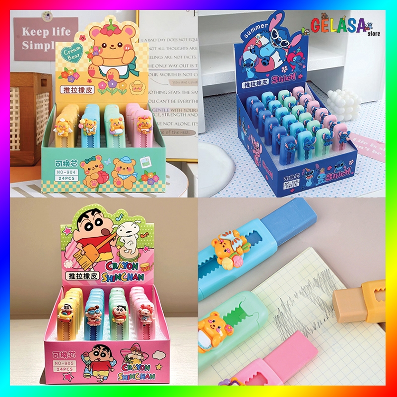 

GELASA Penghapus Karet Sliding motif Stitch, Crayon Shinchan, Butter Bear