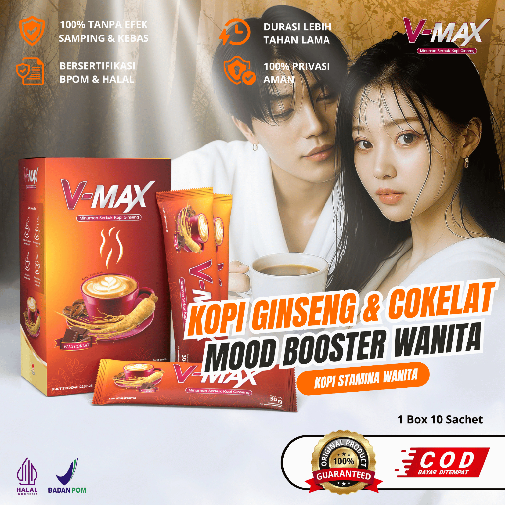 

Kopi V-Max Original Minuman Cokelat Khusus Wanita Bpom 1 Box Isi 10 Sachet