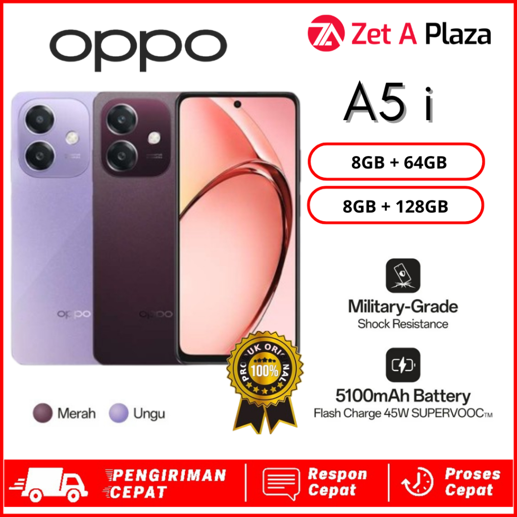 OPPO A5i ram 4+128GB, 5100mAh Baterai, Qualcomm Snapdragon 6s 4G Gen1, GARANSI RESMI 100% ORIGINAL