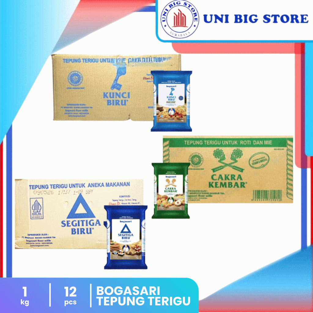 

Tepung Terigu BOGASARI Premium Cakra Kembar Segitiga Kunci Biru1 kg x 12 pcs DUS