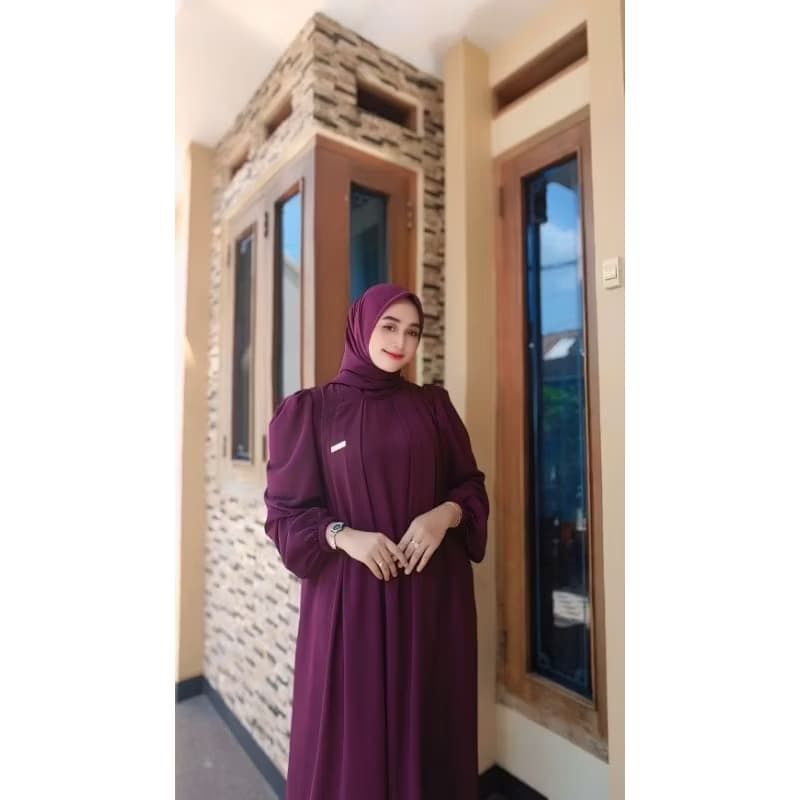 DELISHA Gamis Set Hijab Ceruty Bebydol Premium Motif Polos Bahan Ceruty Non Busui Lengan Balon