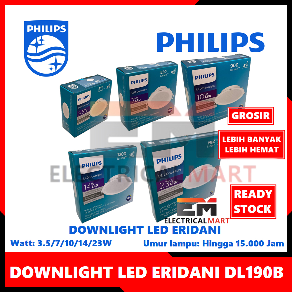(GROSIR) Downlight LED Philips Eridani 3.5W 7W 10W 14W 23W Putih atau Kuning DL190B Lampu Plafon Ori