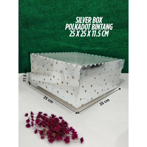 

( 5 Pcs ) Fuji box Dus Kotak Kue Box Puding Cake Ivory Laminasi 25 x 25 x 11.5 cm Silver Polkadot bintang