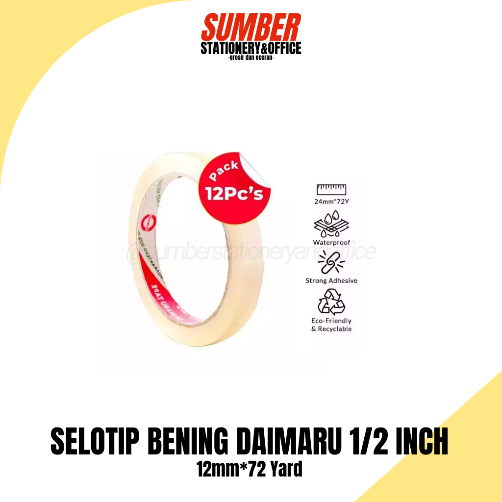 

Selotip Daimaru Bening 1/2 Inch - 12mm x 72Yard (ST-D-1/2i) - Lakban Kecil untuk Kemasan [12 Roll]
