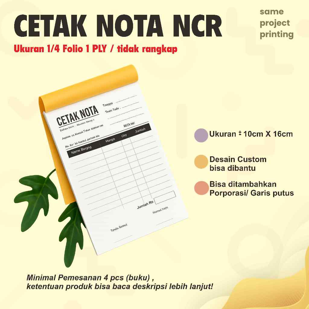

Cetak Nota 1/4 Folio Custom 1 PLY Bebas desain - Cetak Nota Ncr ukuran 10x15cm