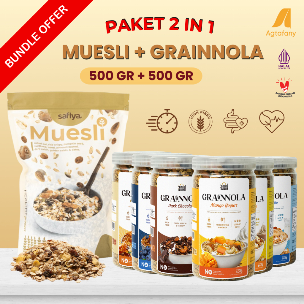 

[Paket Hemat] Bundling Muesli Safiya 500 gr + Grainnola 500 gr Timur Tengah Dark Chocolate Coklat Blueberry Vanilla Honey Mango Yogurt Milky Milk Cheese and Cream Granola | Sereal Oatmeal Sarapan Sehat Camilan Healthy Food