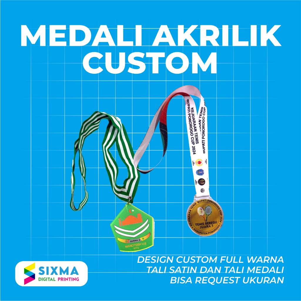 

MEDALI AKRILIK CUSTOM TALI SATIN DAN LANYARD PRINT UV FULL WARNA