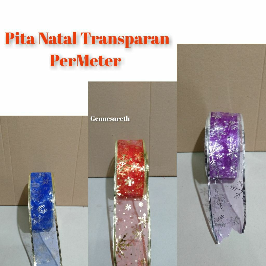 

Pita Natal Transparan berKawat/Pita Natal Motif/Dekorasi Pohon Natal/Pita Natal Meteran