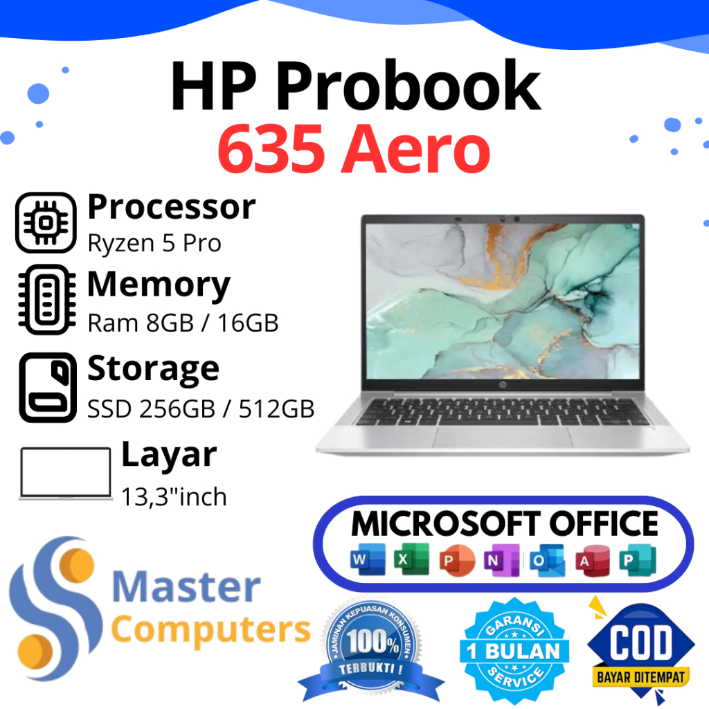 HP Probook 635 Aero G7 / G8 AMD Ryzen 5 Pro Ram 8GB / 16GB / 32GB SSD 128GB / 256GB / 512GB Full HD