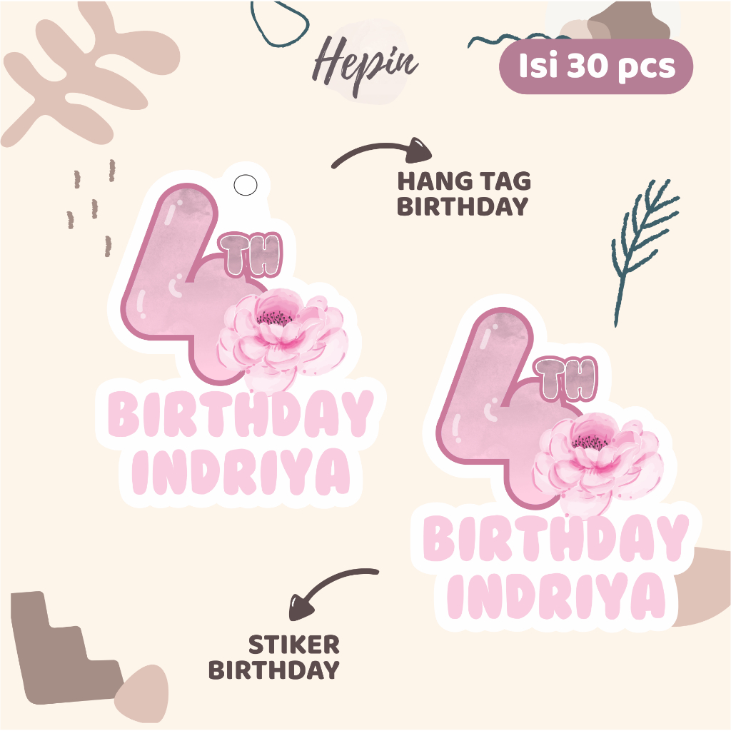 

(30pcs) Diecut Hang Tag & Stiker Ulang Tahun Tema Bunga Watercolor/ - Label Tag & Souvenir Stiker