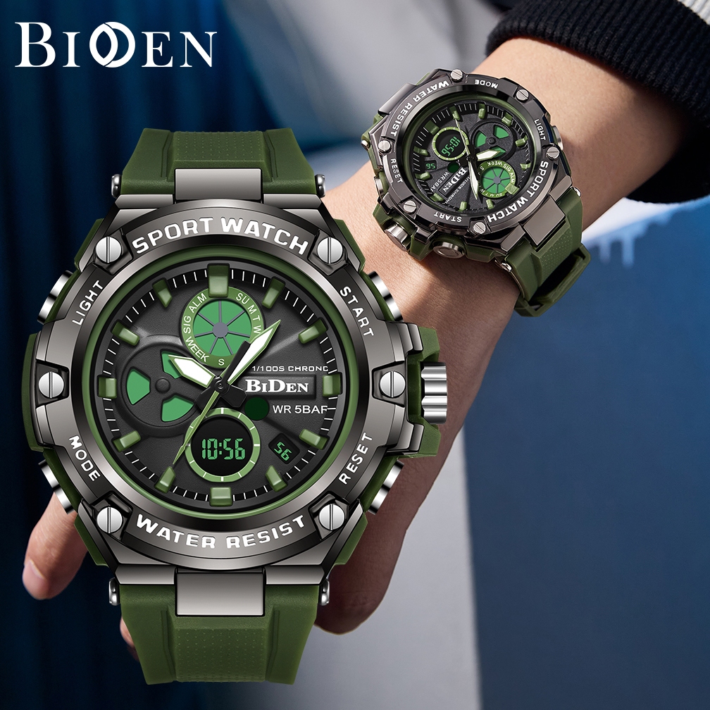 BIDEN Jam Tangan Pria Digital Anti Air Original Multifungsi Bercahaya Alarm Tali Silikon Jam Tangan 