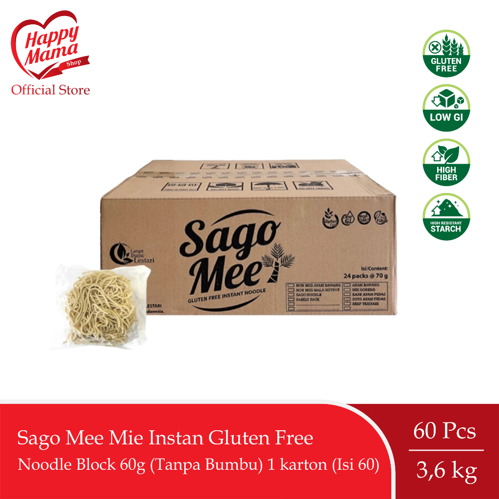 

Sago Mee Mie Instan Gluten Free Noodle Block 60g (Tanpa Bumbu) 1 karton (Isi 60)