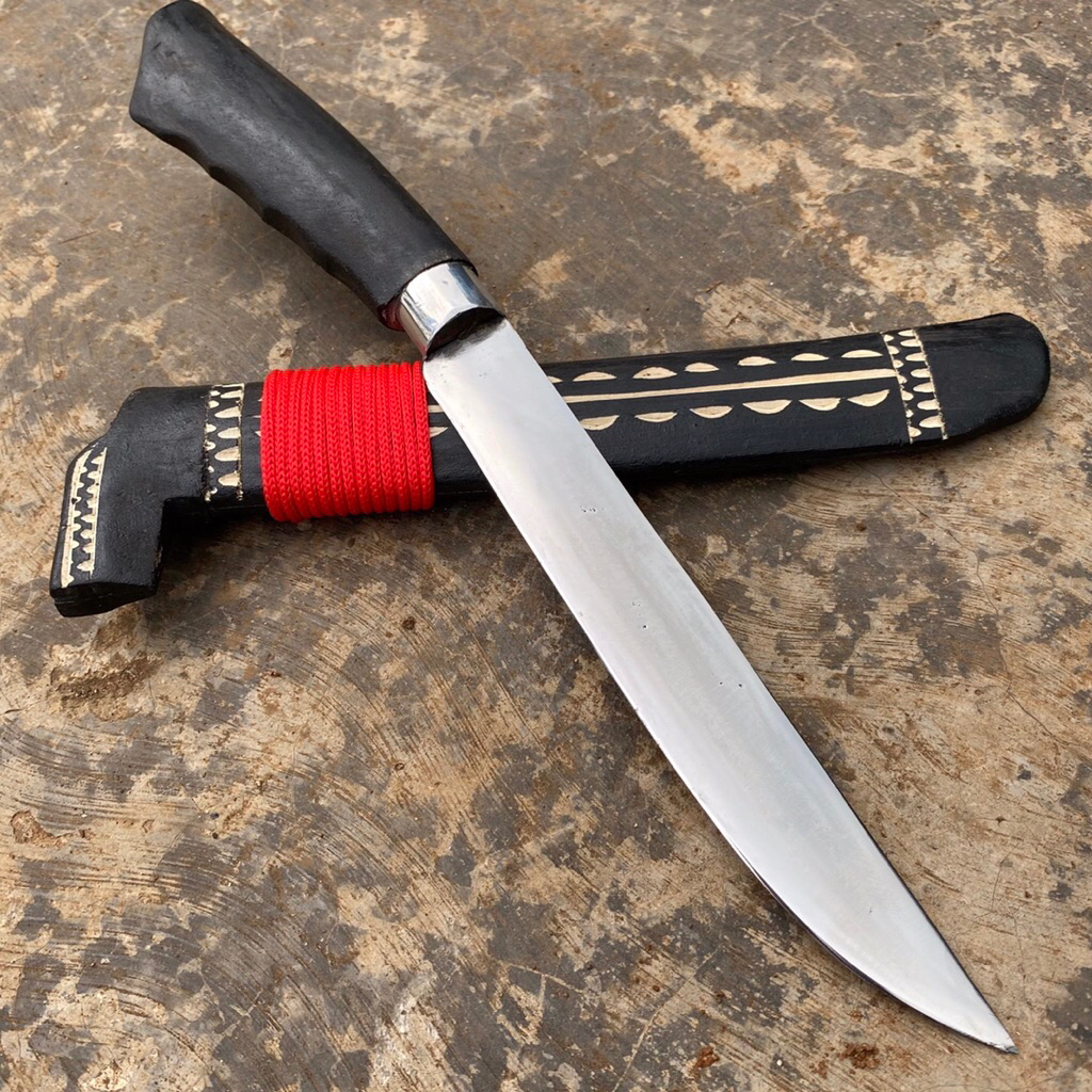 Pisau Tradisional Banten Full Handmade – Baja Per Asli, Gagang Kayu, Sarung Motif Etnik. Tajam untuk