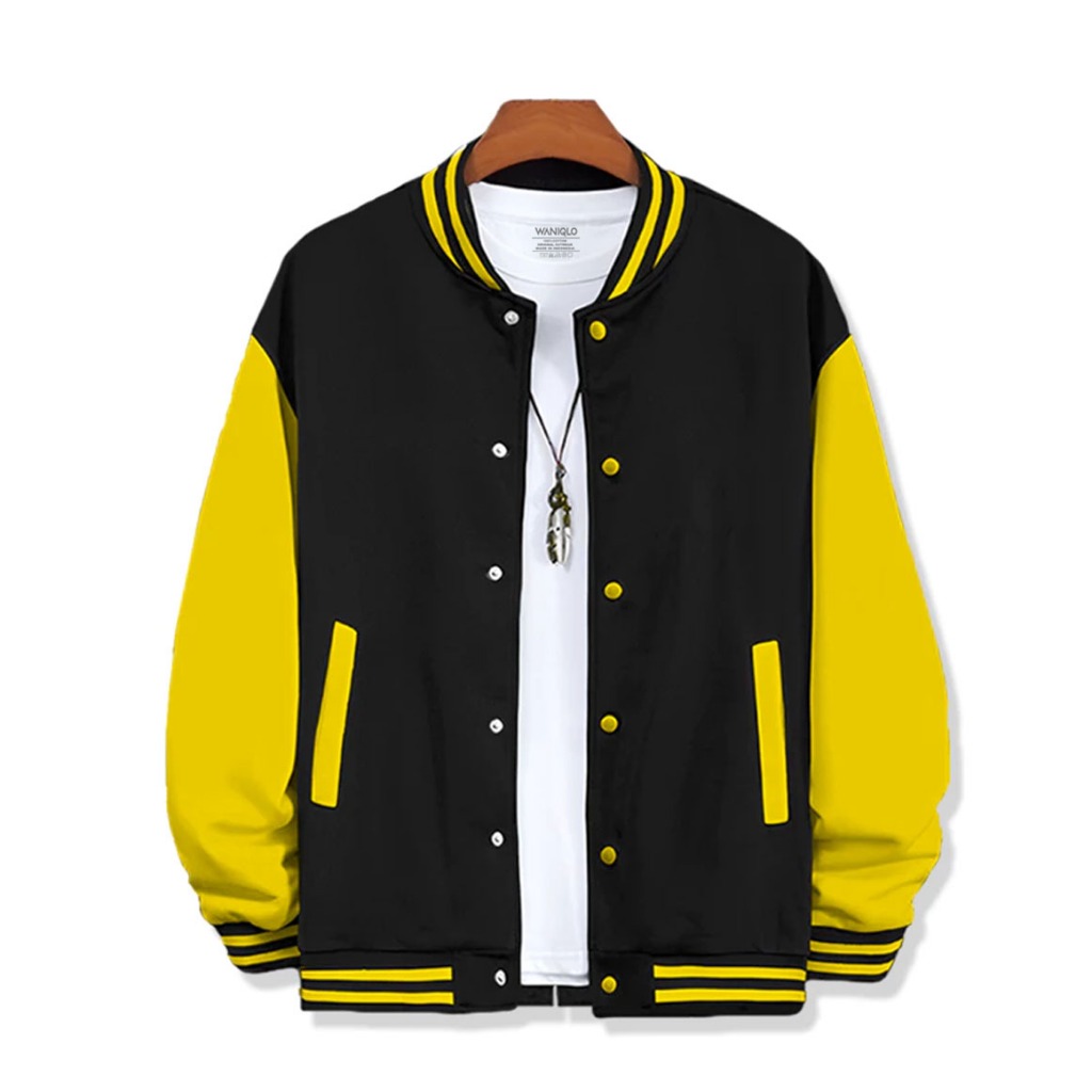 Waniqlo - Jaket Varsity Baseball Kancing Polos - Hitam Kuning