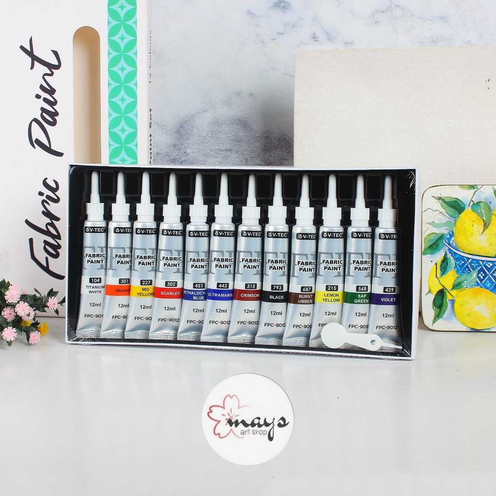 

V-TEC Fabric Paint Set 12 Colors - Cat Kain Set 12 ml x 12 Warna - Cat Custom Lukis Baju Denim Leather Hoodie Jaket