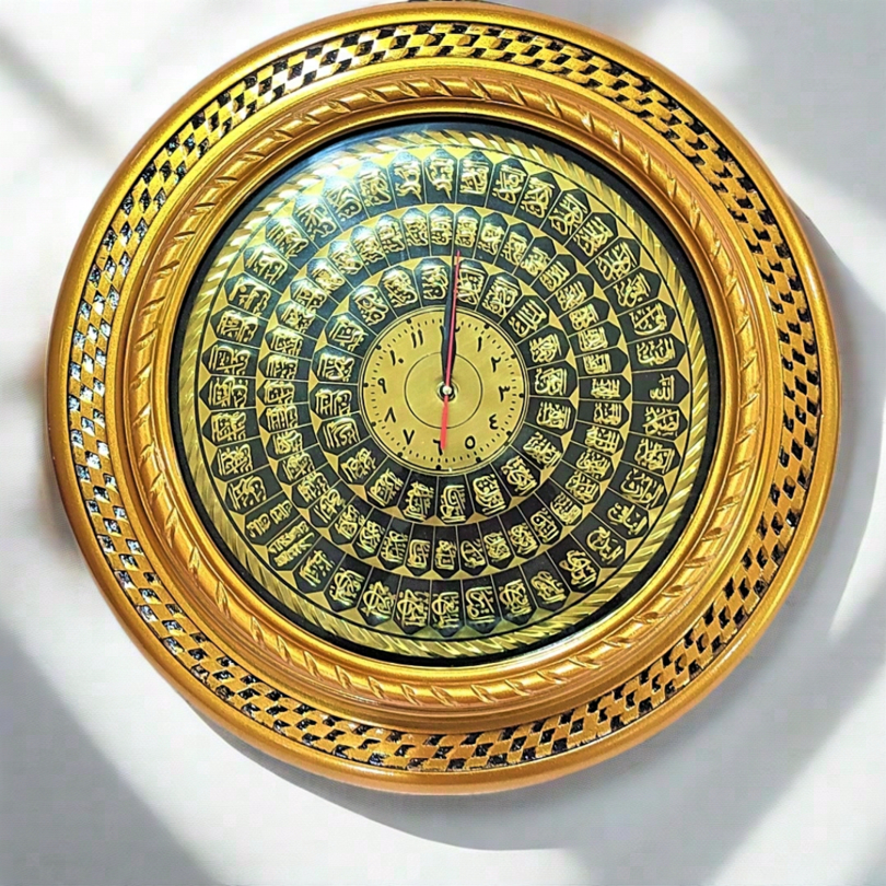Hiasan Dinding Kaligrafi Islami Ayat Kursi Asmaul Husna Jam Kayu Bulat Ukir Minimalis Diameter 60 Cm