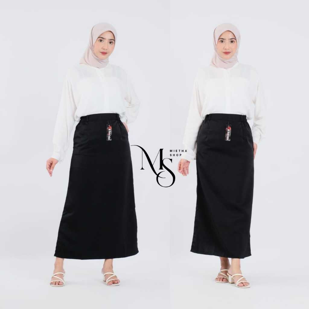 Rok Span Kerja Wanita Hitam Panjang Bahan Polos Twiss Model Line A Karet Pinggang Samping Model Terb