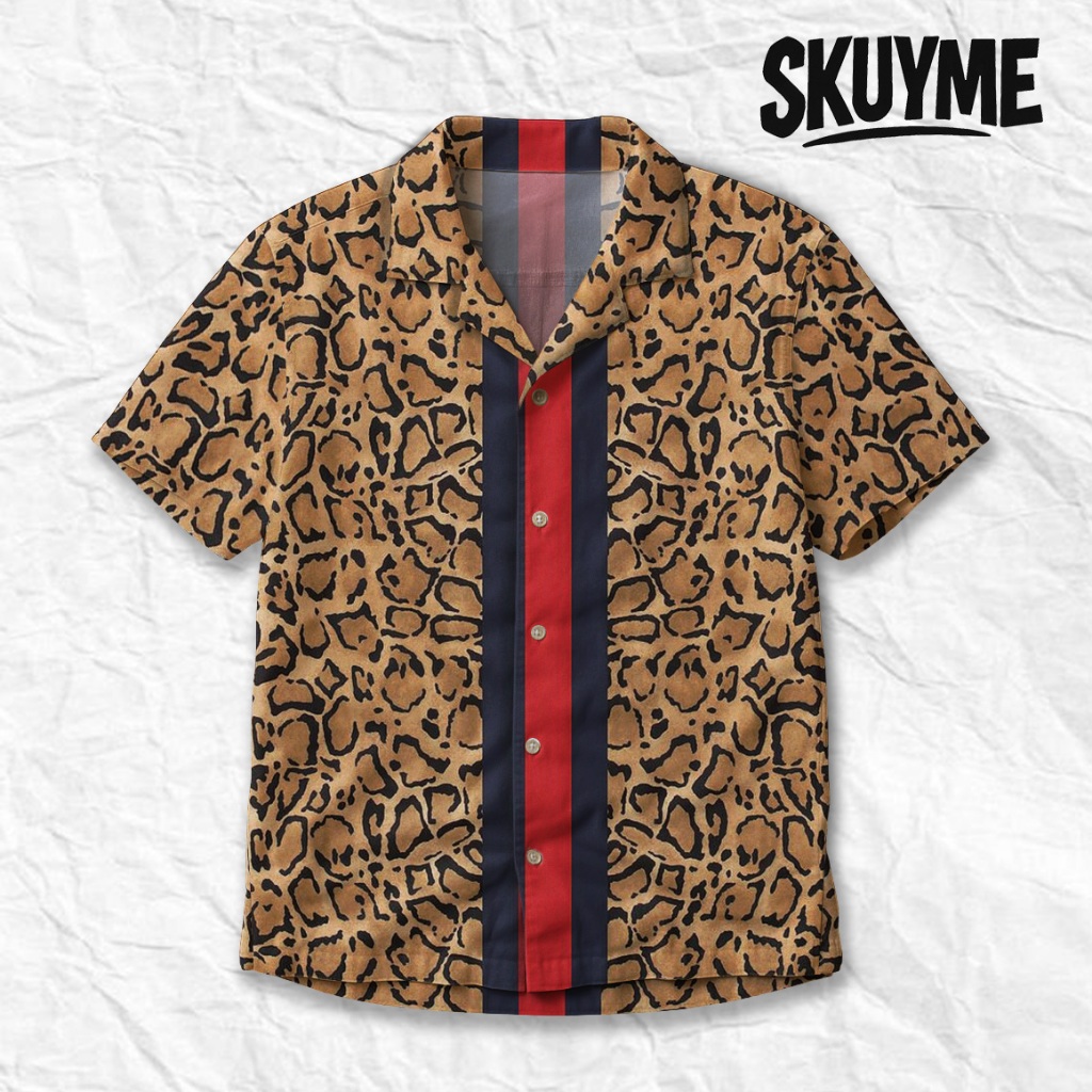 SKUYME Kemeja Pria Fullprint Lengan Pendek Motif Leopard Garis Retro | SK-Leopard
