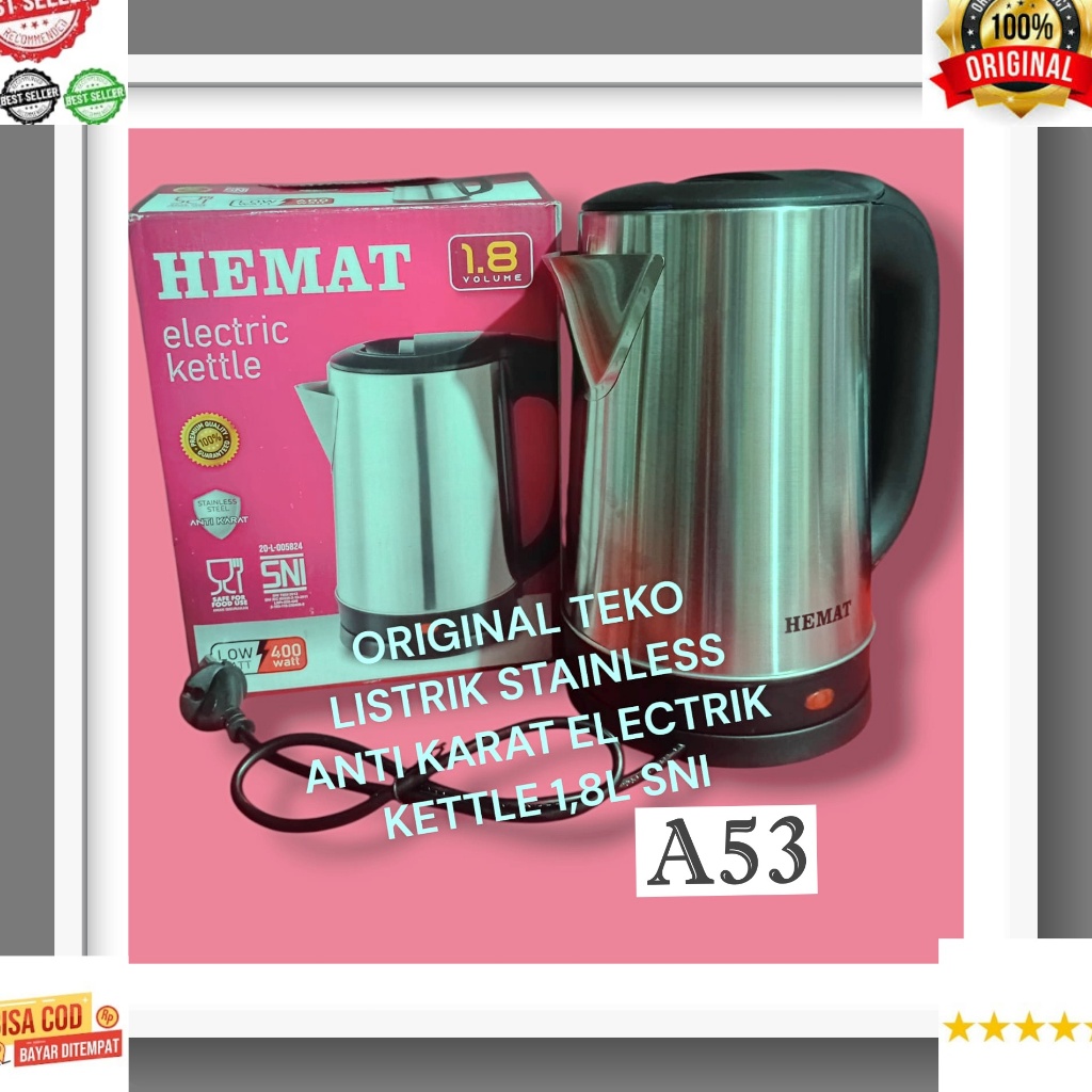 A53 TEKO LISTRIK STAINLESS LISTRIK MULTIFUNGSI 400 w WATT PEMANAS AIR KETTLE ELEKTRIC 1.8 L BESAR OT