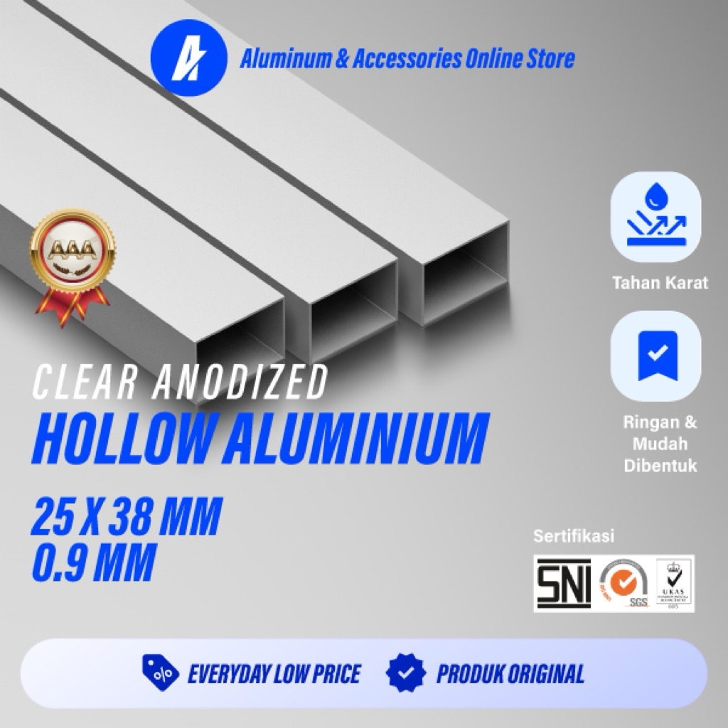 Aluminium Hollow Panjang 100 cm 25 x 38 mm 0,9 mm Alcomexindo Ekstrusi Hollow — ALUTERRA
