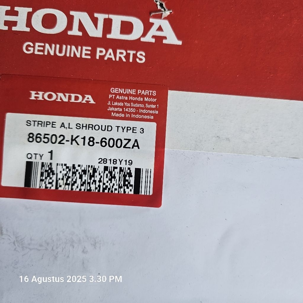 Stiker Shroud type 3 CB 150 Verza kiri. 86502-K18-600ZA