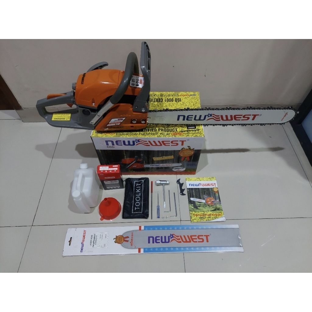 Mesin Chainsaw NEW WEST 628 Bar 22" dan Mesin Senso New West 598 Komplit Berikut Bar 22 inch dan Ran