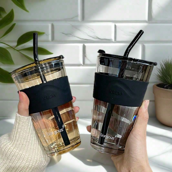 Aurora Glass Cup Straw Portable Water Cup Ins Juice Milk