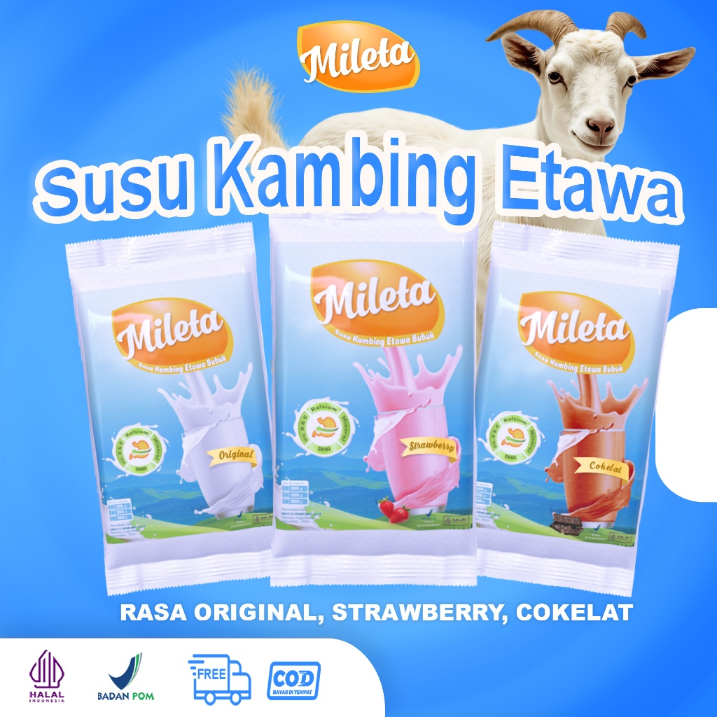 

Best Seller! Susu Kambing Etawa Mileta 200gr Rasa Stroberi, Cokelat & Original – Susu Bubuk Premium