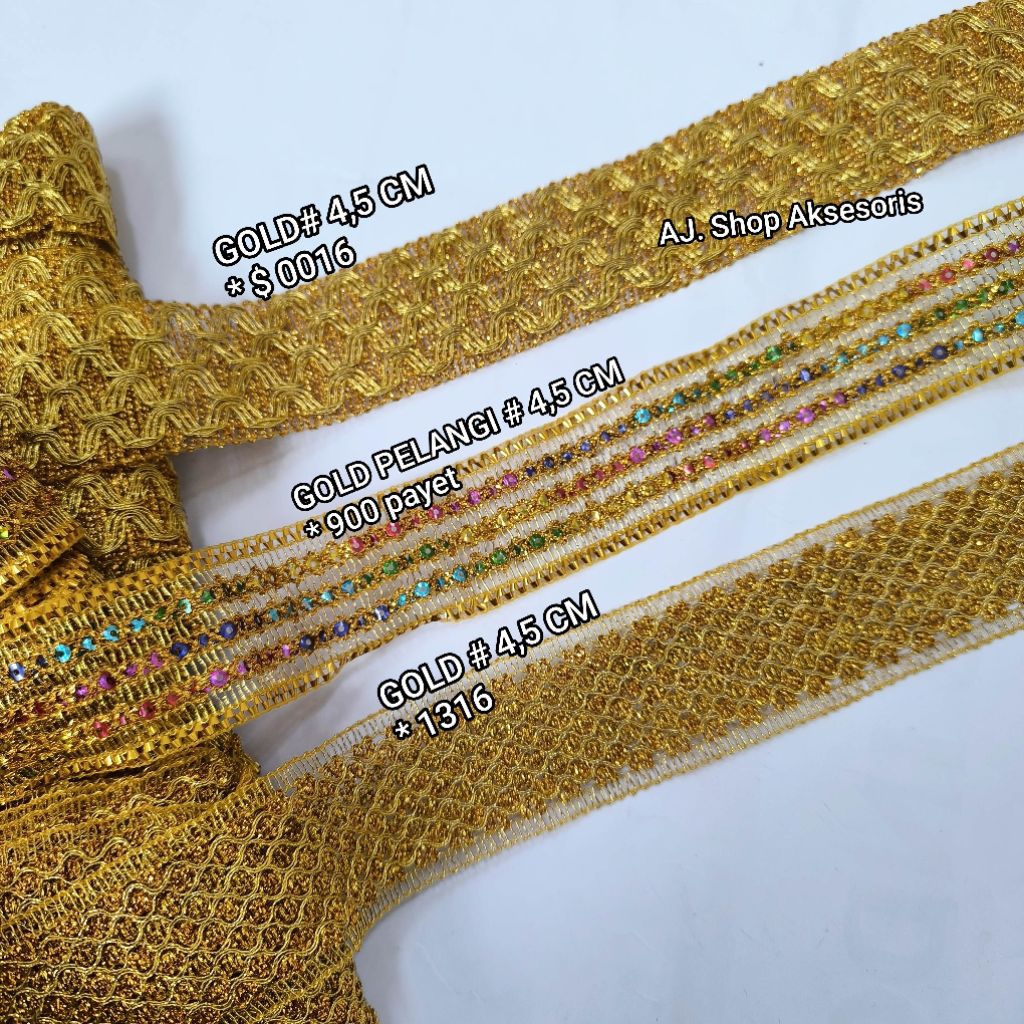 Renda emas perak / renda payet india / pita renda payet gold lebar 4 cm / 4,5 cm