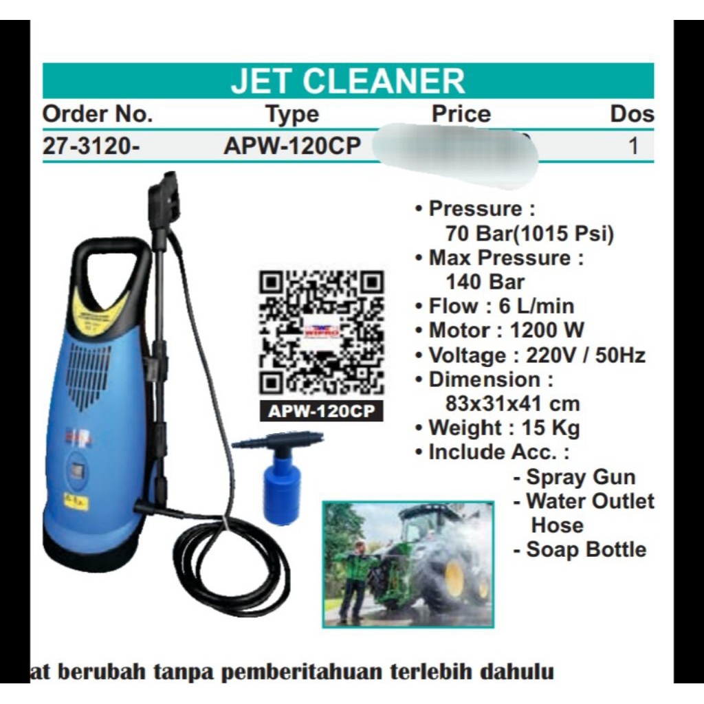 Wipro Jet Cleaner APW-120CP / Mesin Jet Cleaner Cuci Motor Mobil Truk Karpet / Mesin High Pressure J