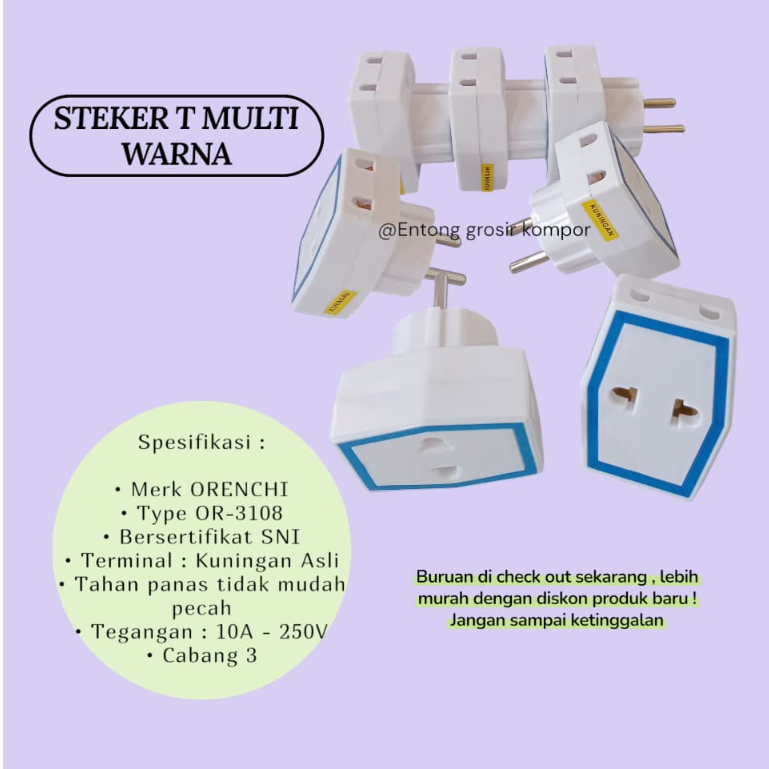 Steker T-Multi Warna – Steker Listrik 2 Cabang SNI – Bahan Tahan Panas dan Berkualitas
