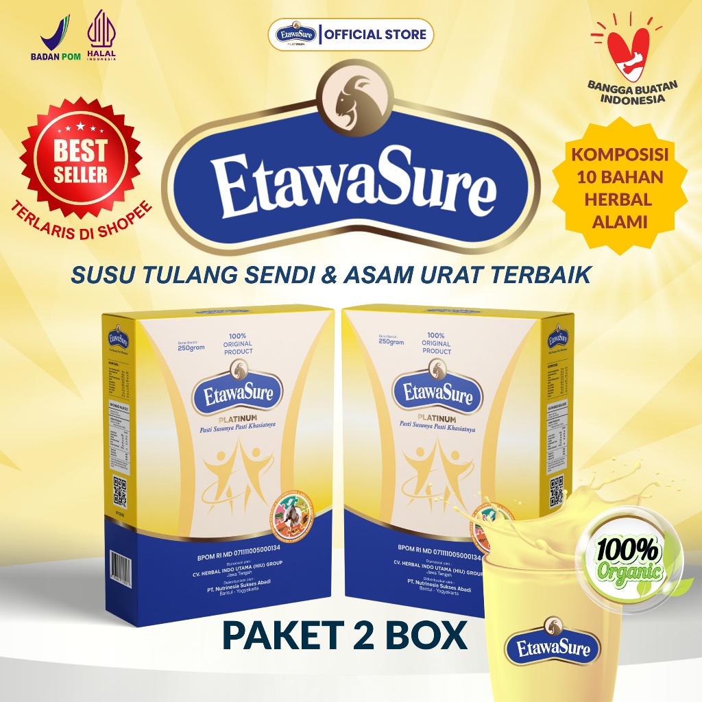 

Etawasure 2 Box isi 500gram Susu Bubuk Etawa dengan Kolostrum Rasa Jahe - Etawasure 250gram/box - Susu Etawasure Untuk Nyeri Sendi Pegal Linu Asam Urat Syaraf Kejepit Tulang Keropos - Susu Etawasure BPOM
