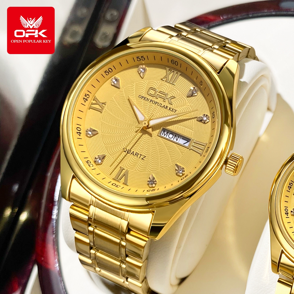 OPK Jam Tangan Pria Anti Air Original Stainless Steel Terbaru 2025 Business Kalender Emas Model 8103