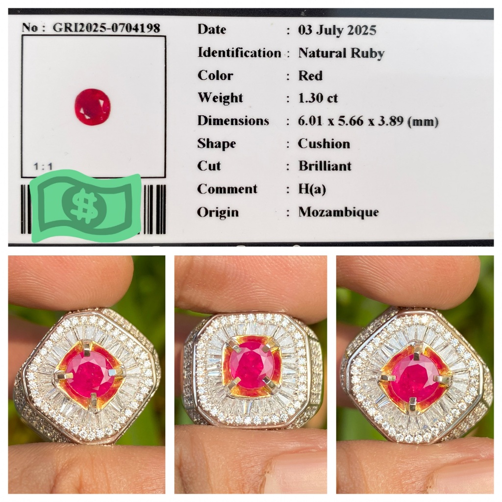 Natural 1.30ct red ruby ha mozambique memo gri