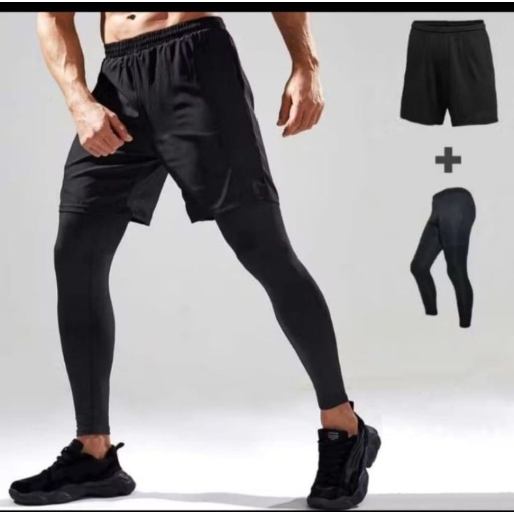 1 set stelan Olahraga pria legging panjang+ celana pendek polos