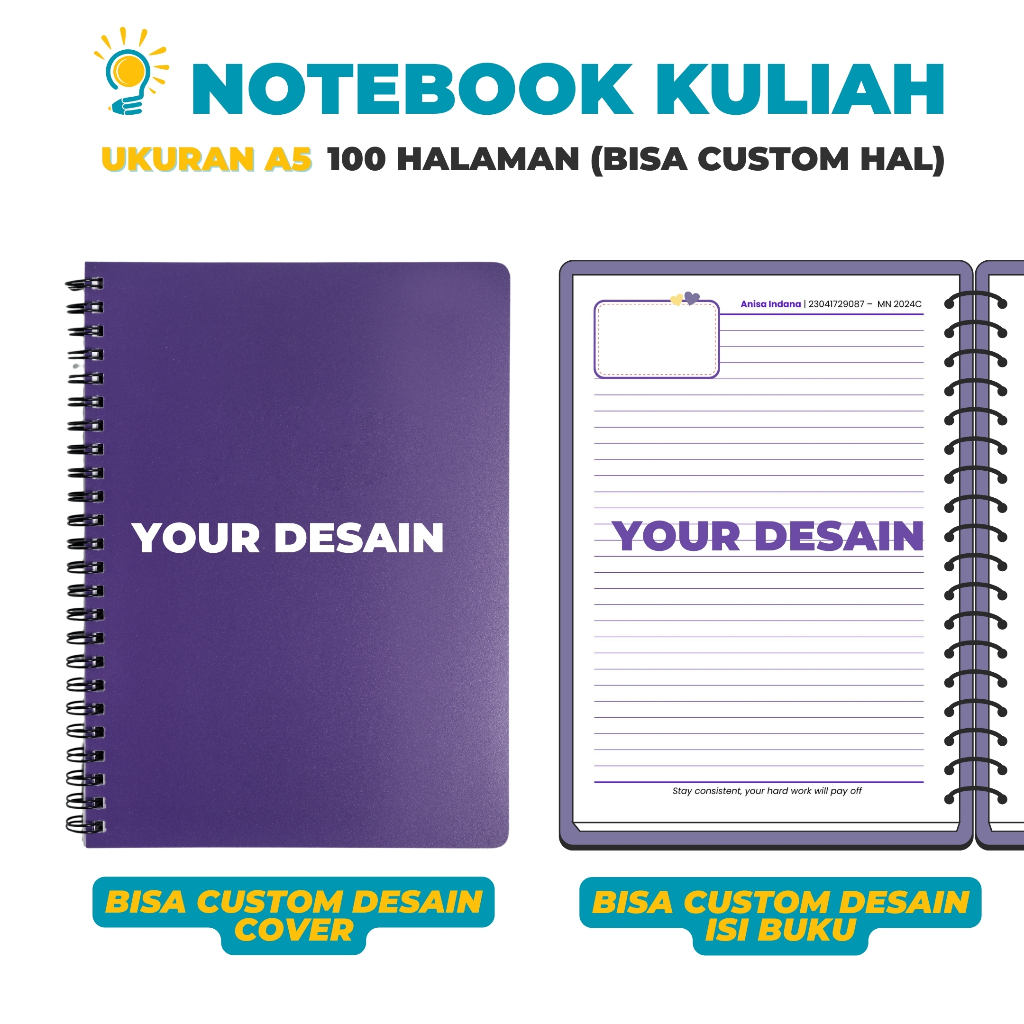 

Notebook Custom Premium 100 Halaman – Bisa Edit Cover & Isi Planner | Nama Quotes Free Request