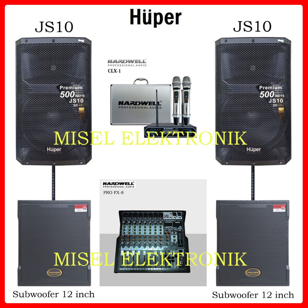 Paket Sound System Speaker Aktif 15 Inch HUPER JS10 dan 2 Subwoofer 12 inch