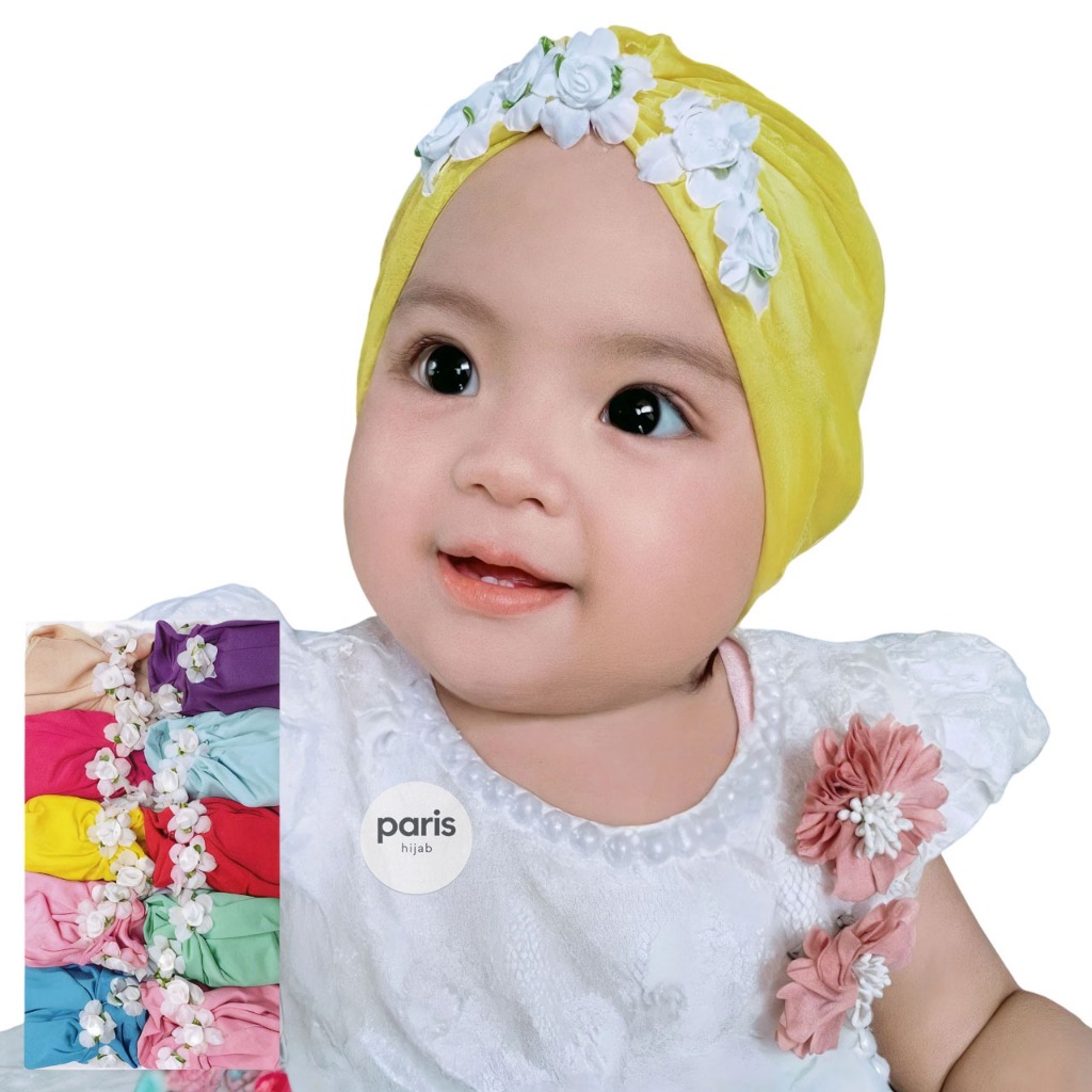 Turban bayi bunga mawar putih tengah aesthetic premium - headband ciput anak baby Perempuan Cewek