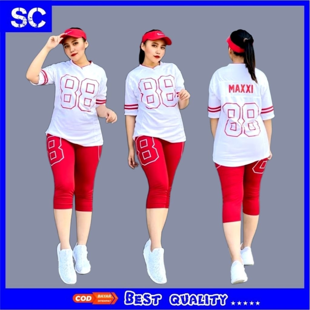 Setelan Olahraga 88 Putih Merah Seragam Senam Training Pendek Wanita