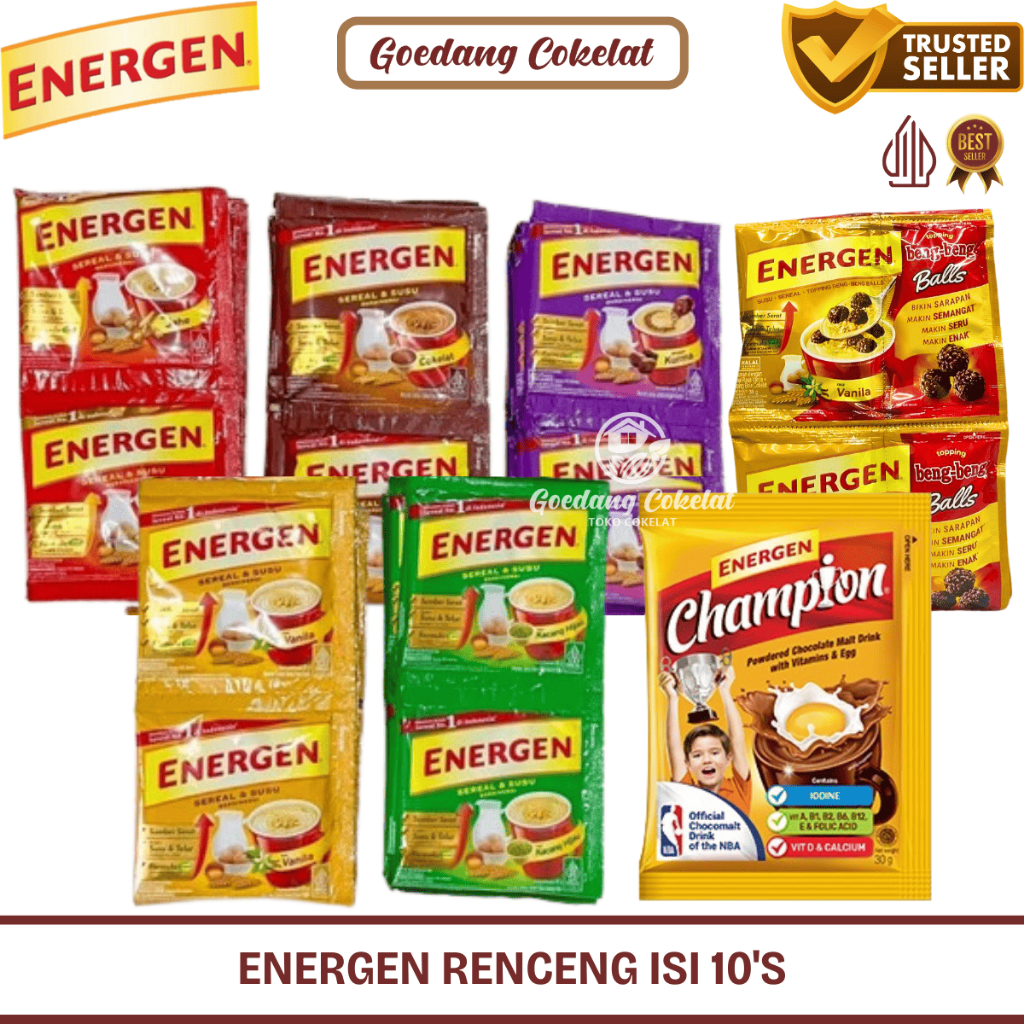 

ENERGEN Susu Sereal Coklat Vanilla Kacang Hijau Jahe Kurma Champion Aneka Rasa 1 Renceng Isi 10 Sachet