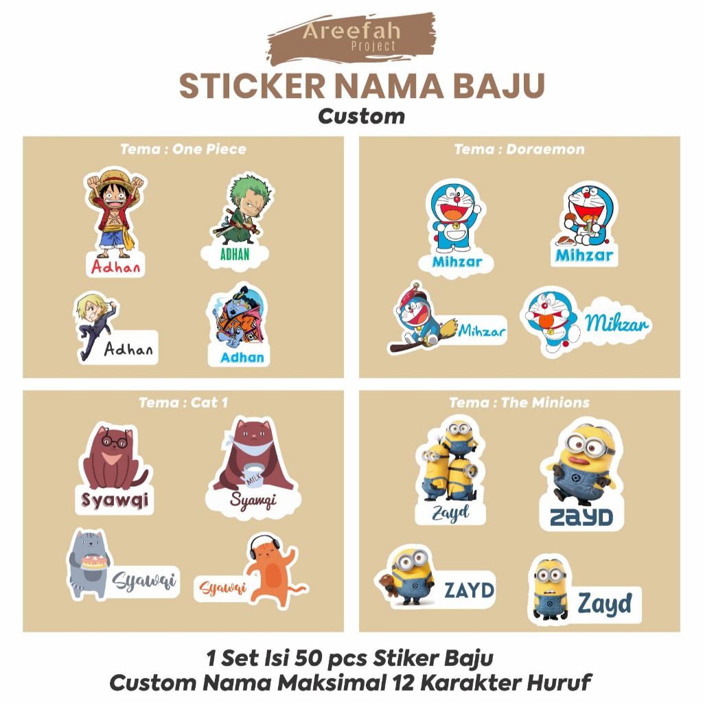 

Areefah Cetak Stiker Nama Baju Custom | Label Nama Baju Tahan Air | Stiker Baju Anak Lucu | Stiker Nama Premium DTF