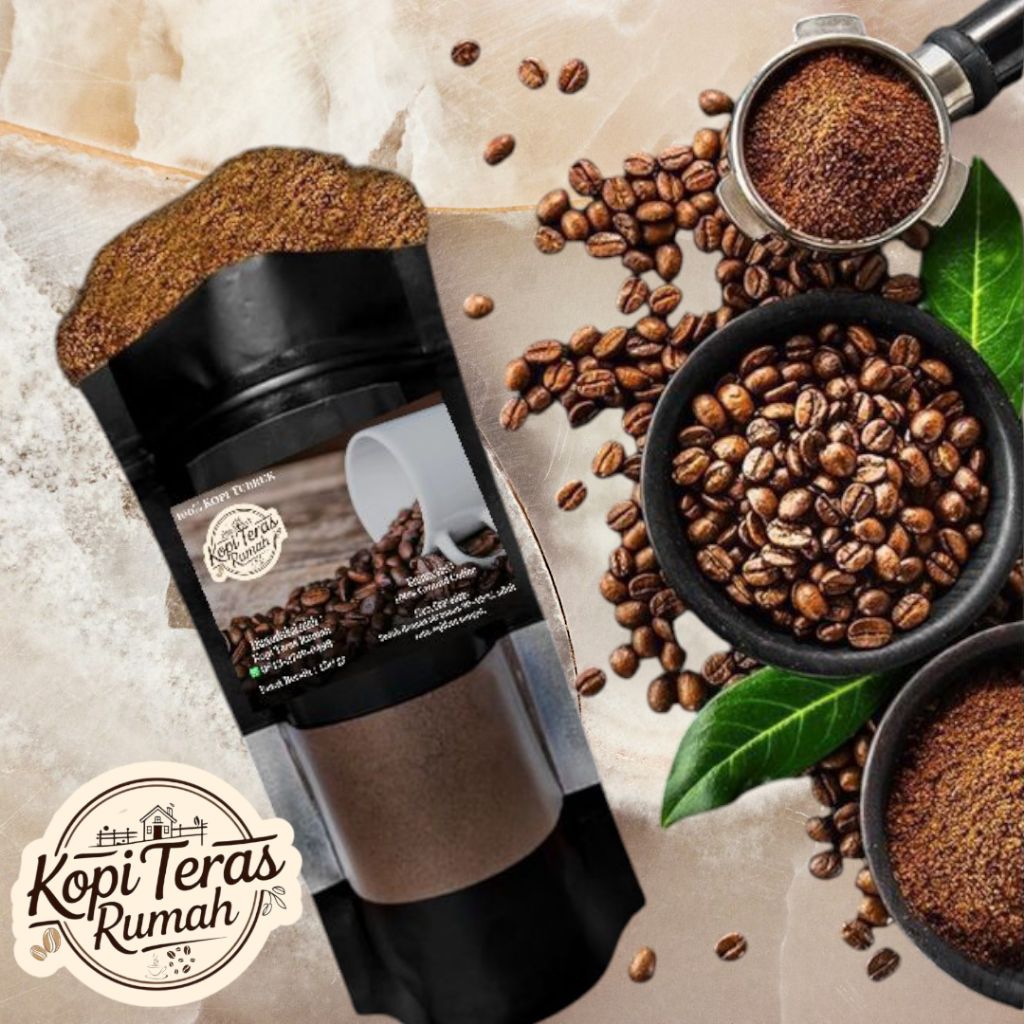 

Kopi Merek "KOPI TERAS RUMAH". Kopi Tubruk / Bubuk Premium. Kemasan Vacuum 150 gram. Ground Coffee.